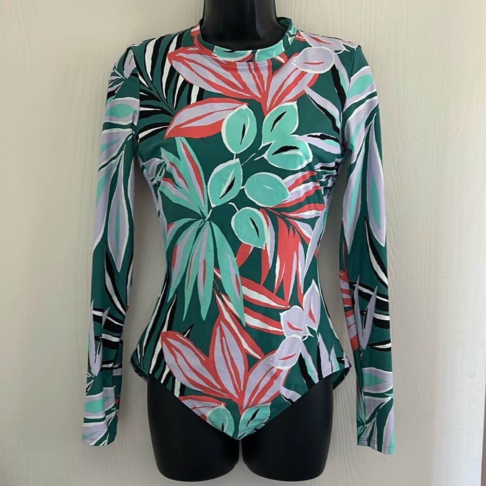 Anne Cole Green Tropical Long Sleeve One-Piece Swimsuit